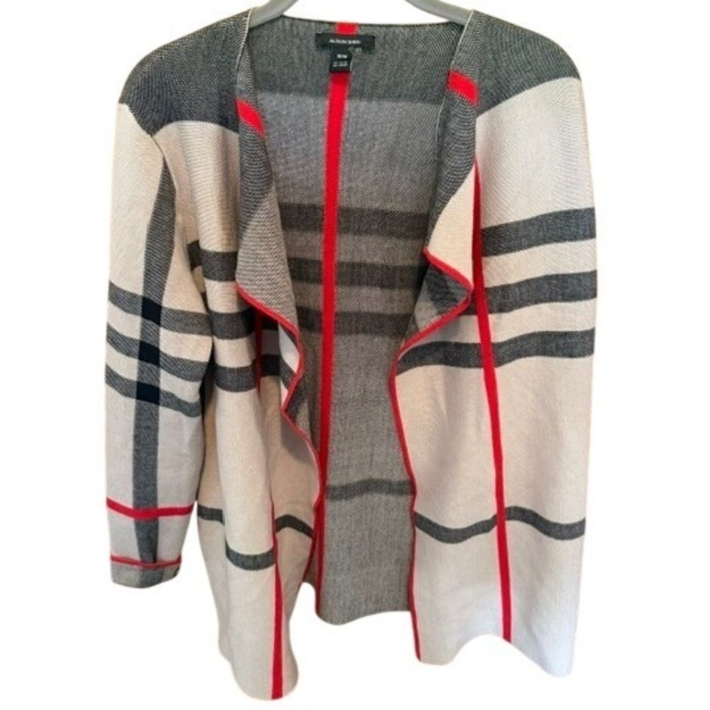 Alison Sheri Womens Plaid Open Front Cardigan Sweater Tan Black Red Size Medium